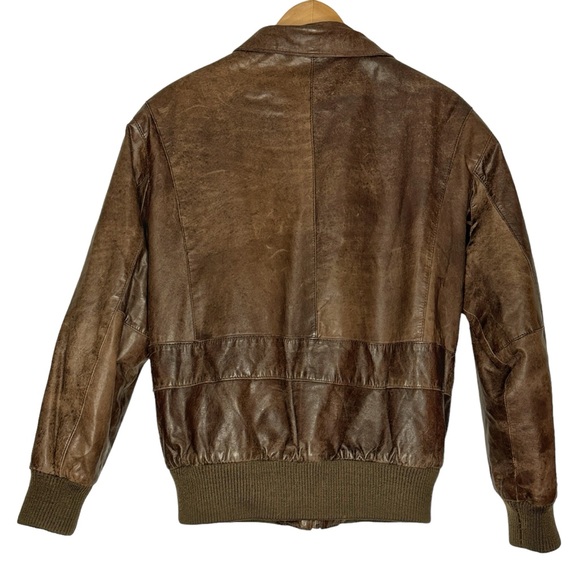 Paris Sport Club Sz Medium Brown Leather Bomber Jacket Front Pockets Fully Lined - Picture 2 of 16
